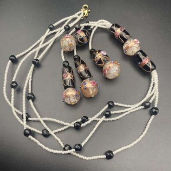 Handmade Wedding Cake Glass Bead Necklace 22" + 7" Drop B&W Multicolor Granny - Picture 2 of 8